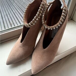 Jimmy Choo Tan Suede Heeled Boots with Crystal Accents